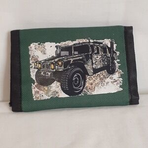 Green Fabric Trifold Wallet with Graphic Image of a Military Humvee Light Weight